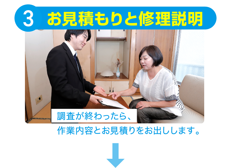 3.お見積もりと修理説明:調査が終わったら、作業内容とお見積りをお出しします。